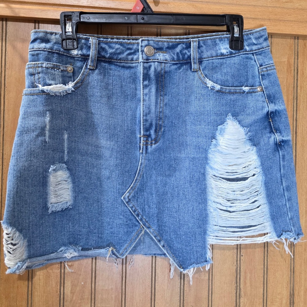 Etophe Studios Distressed‎ Denim Mini Skirt Frayed Hem Light Wash Size M